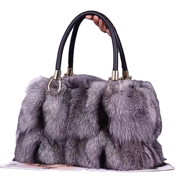 Women elegant fur tote bags new arrival real fox fur handbags luxury fur fashion lady bags with strap