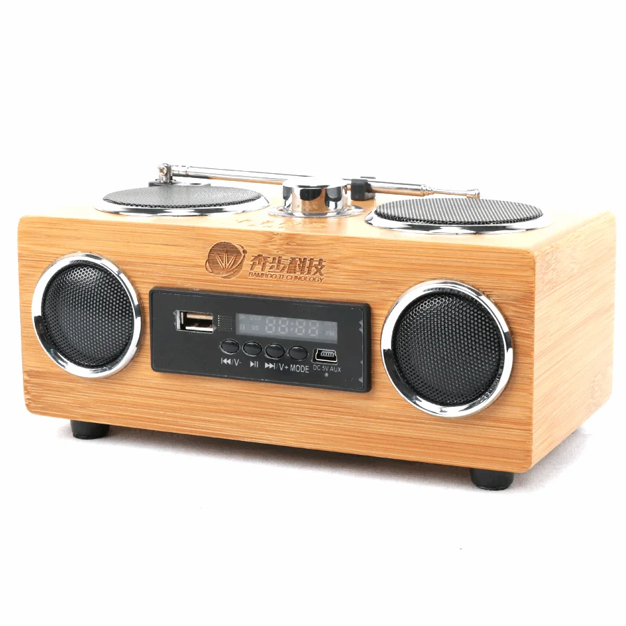 Bamboo Mini FM Radio Wireless Bluetooth 6w Speaker BT Sound Box Loudspeaker Portable Wooden Carton Package Wood Active 2 (2.0)