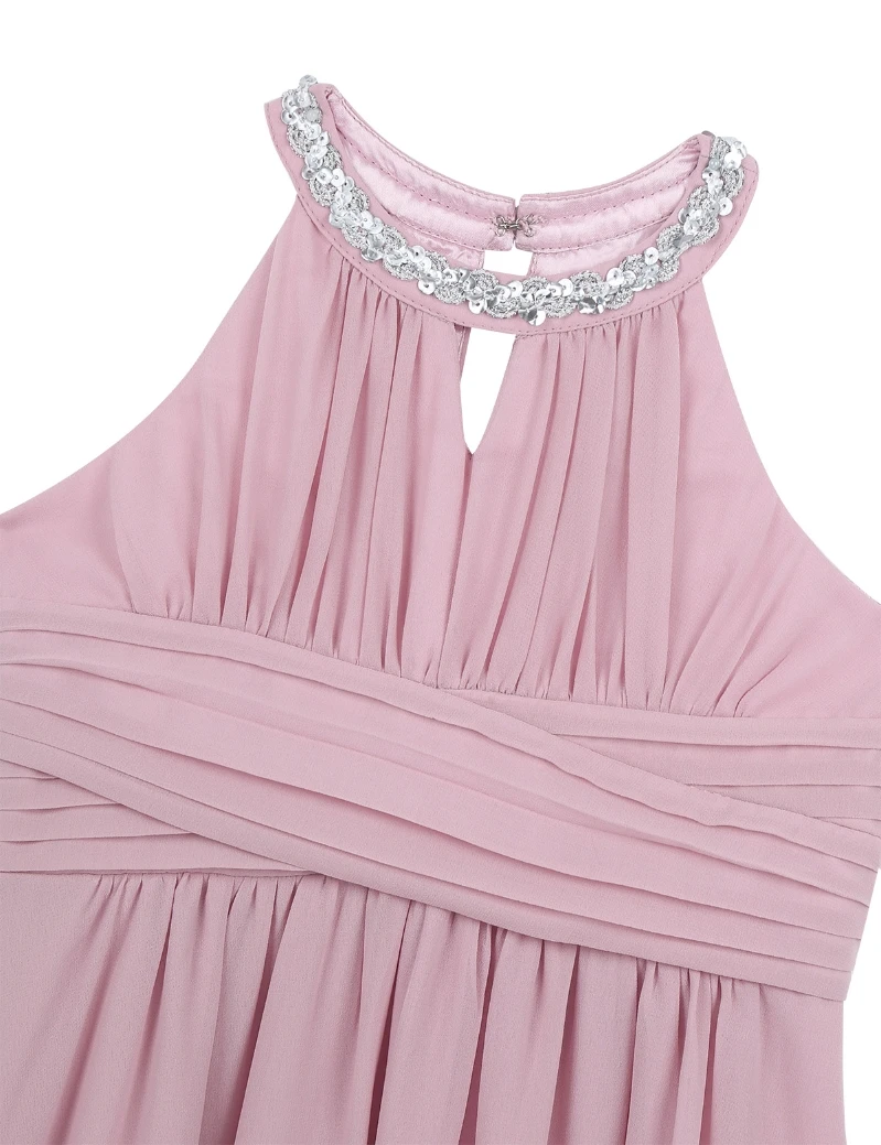 Kids Girls Chiffon Sleeveless O-Neck Sequined Halter Flower Girl Dress Princess Pageant Wedding Bridesmaid Birthday Party Dress