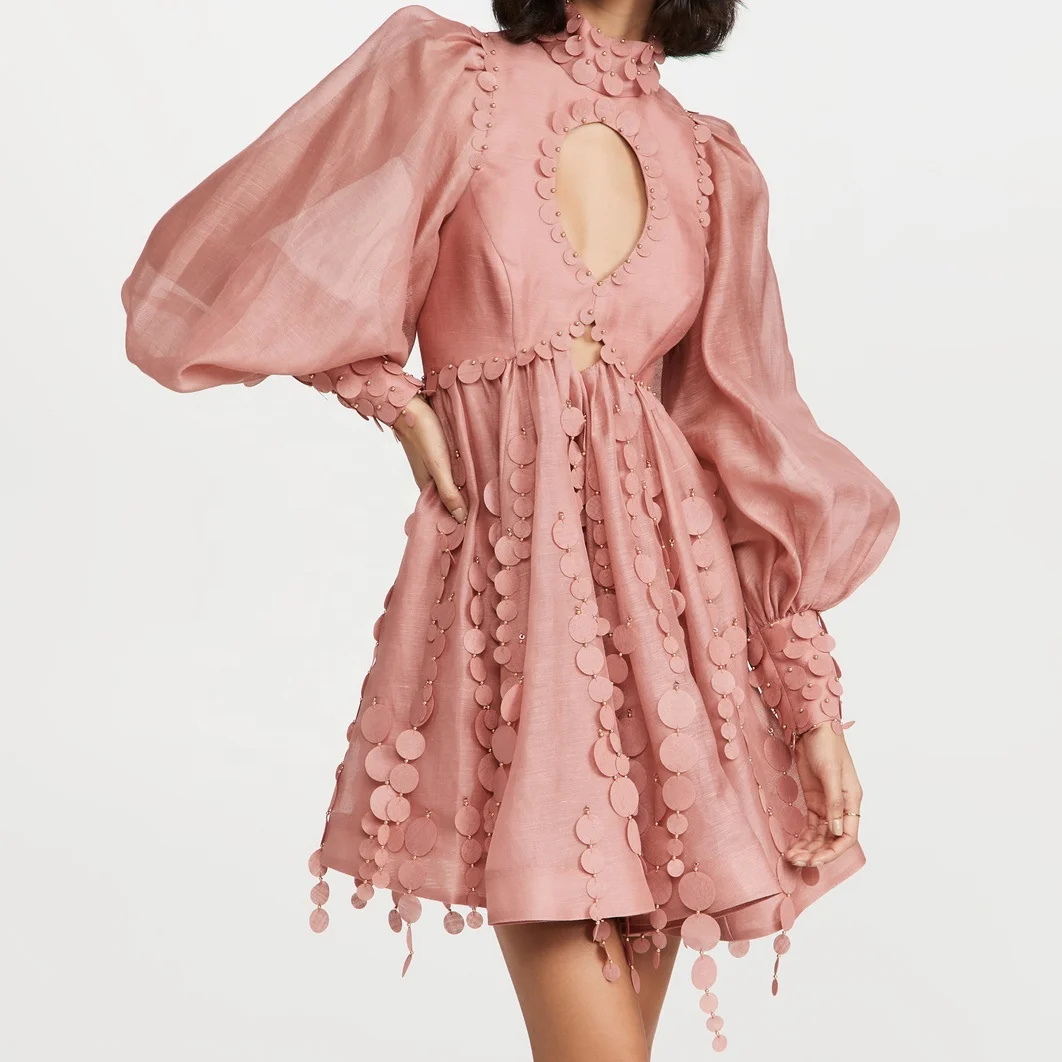 BILLIONS Custom Women Casual Dresses Elegant Mock Neck Bat Sleeve Solid Color Loose Beaded Dress