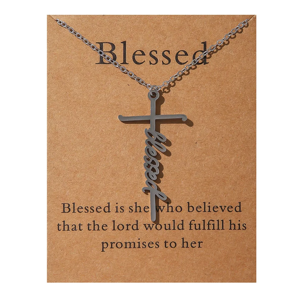Wholesale Stainless Steel Religious Faith Necklaces Jewelry Inspirational Letter Hope Blessed Trust Mom Cross Pendant Necklace