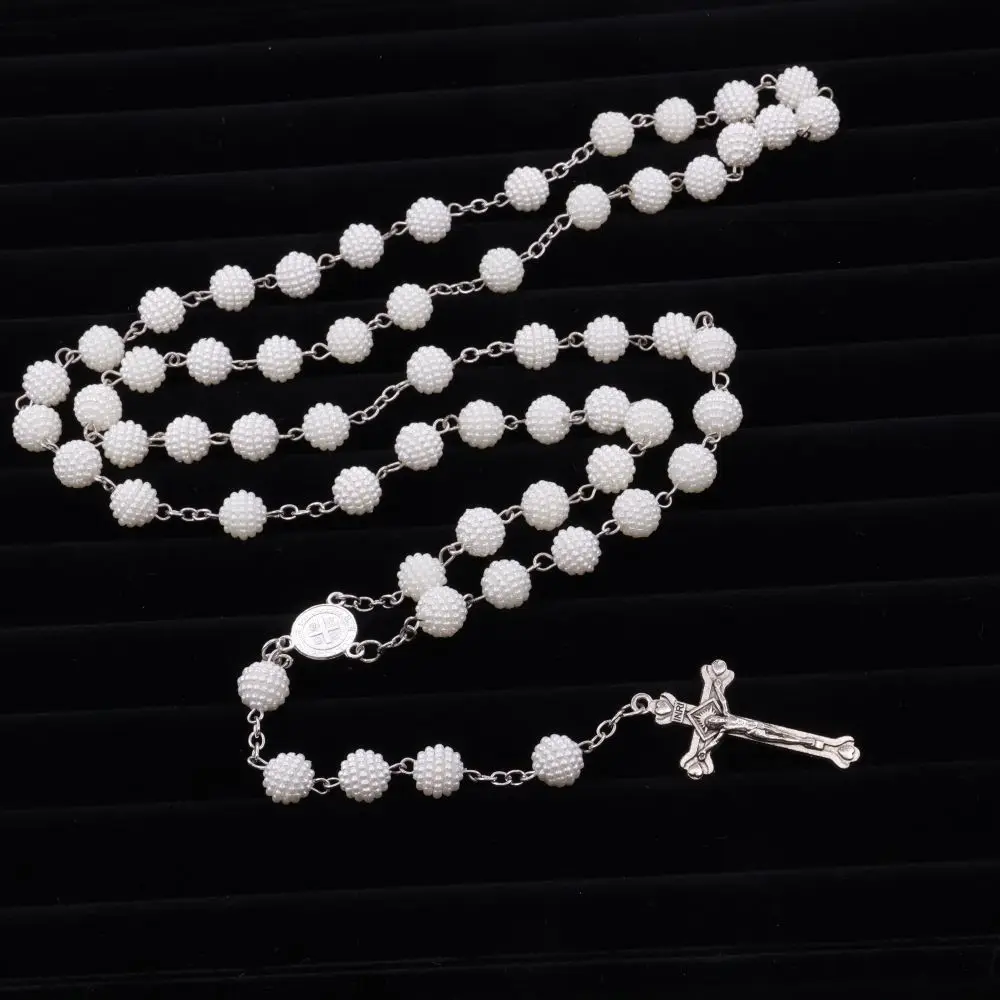 JC Wholesale 10mm Christian Plastic beads Pearl rosary Cross necklace Wedding prayer beads