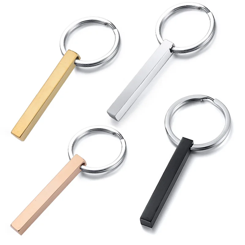 Personalized Stainless Steel 3d Long Bar 4 Sides Vertical Keychain Can Engrave Name Rectangle Pendant Keychains For Gift Jewelry