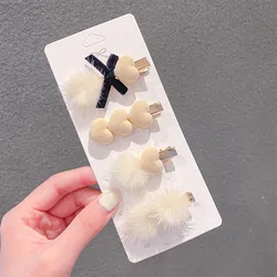 4pcs/set New Klein Blue Mink Hair Ball Hairpins Set Girl Bowknot Love Metal Temperament Set Hair Accessories