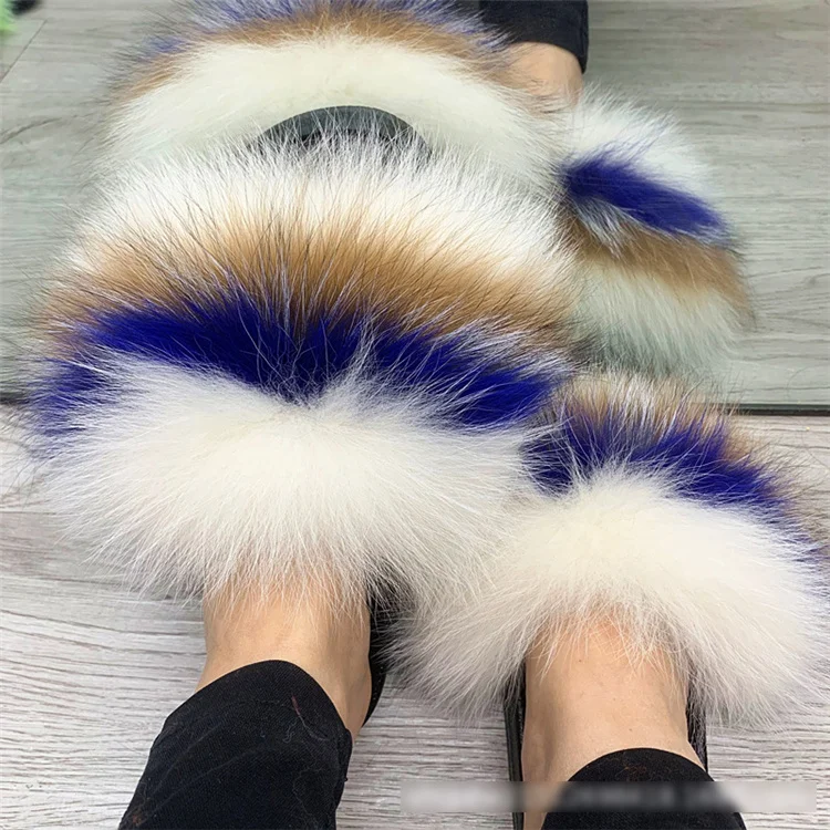 
High Quality Vendor Wholesale Multicolored Fox Fur Slippers Slides For Women 