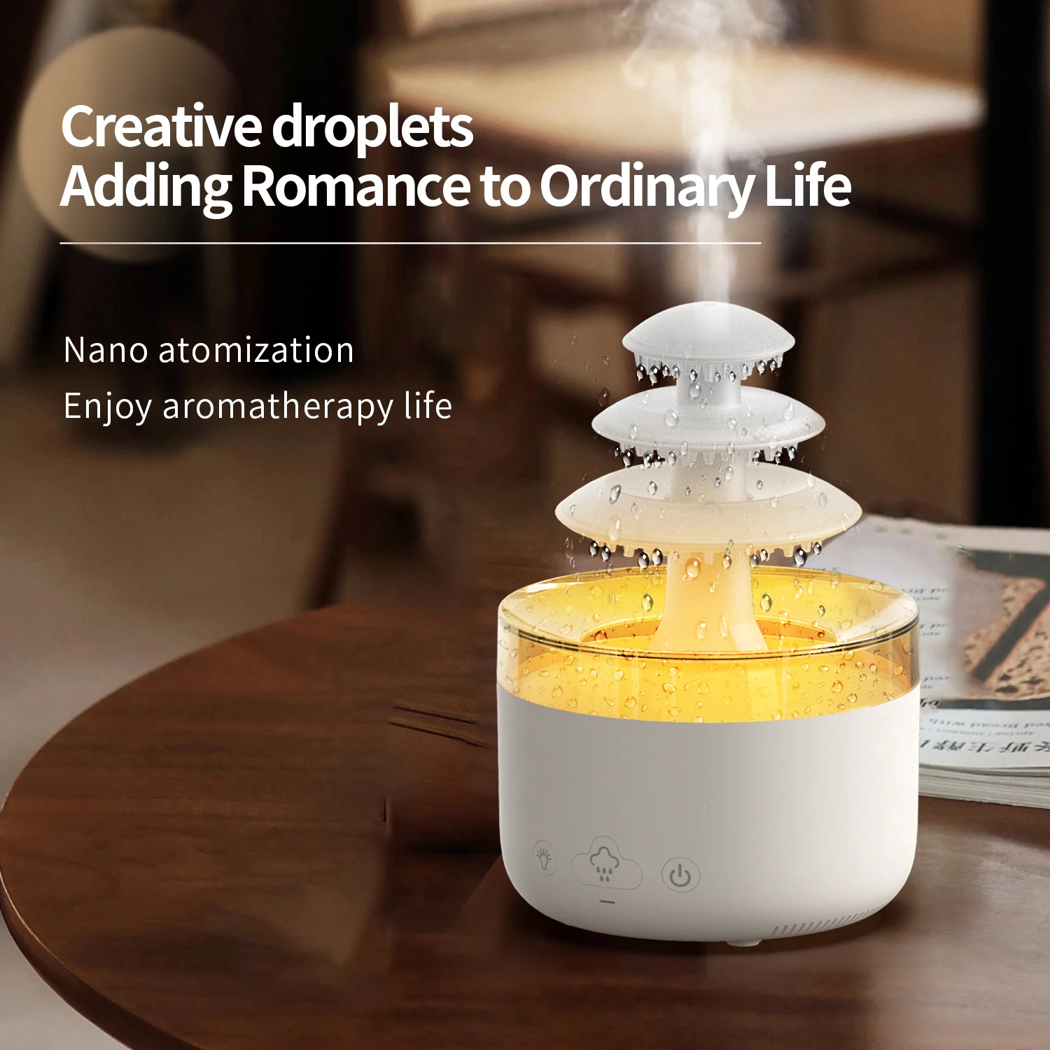 Mushroom Rain Humidifier Water Drop Cloud Essential Oil Diffuser For Home Aroma Bedroom Night Light Waterfall Lamp Humidifier