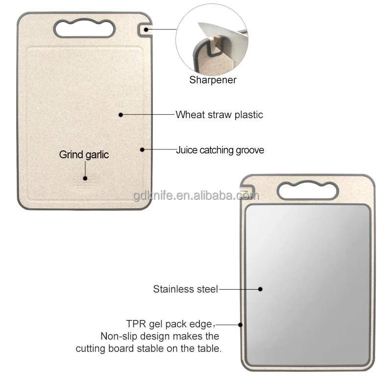 kitchen accessories Multi Functional Metal Double Side Wheat Straw Cutting Board Stainless Steel Chopping Board with sharpener