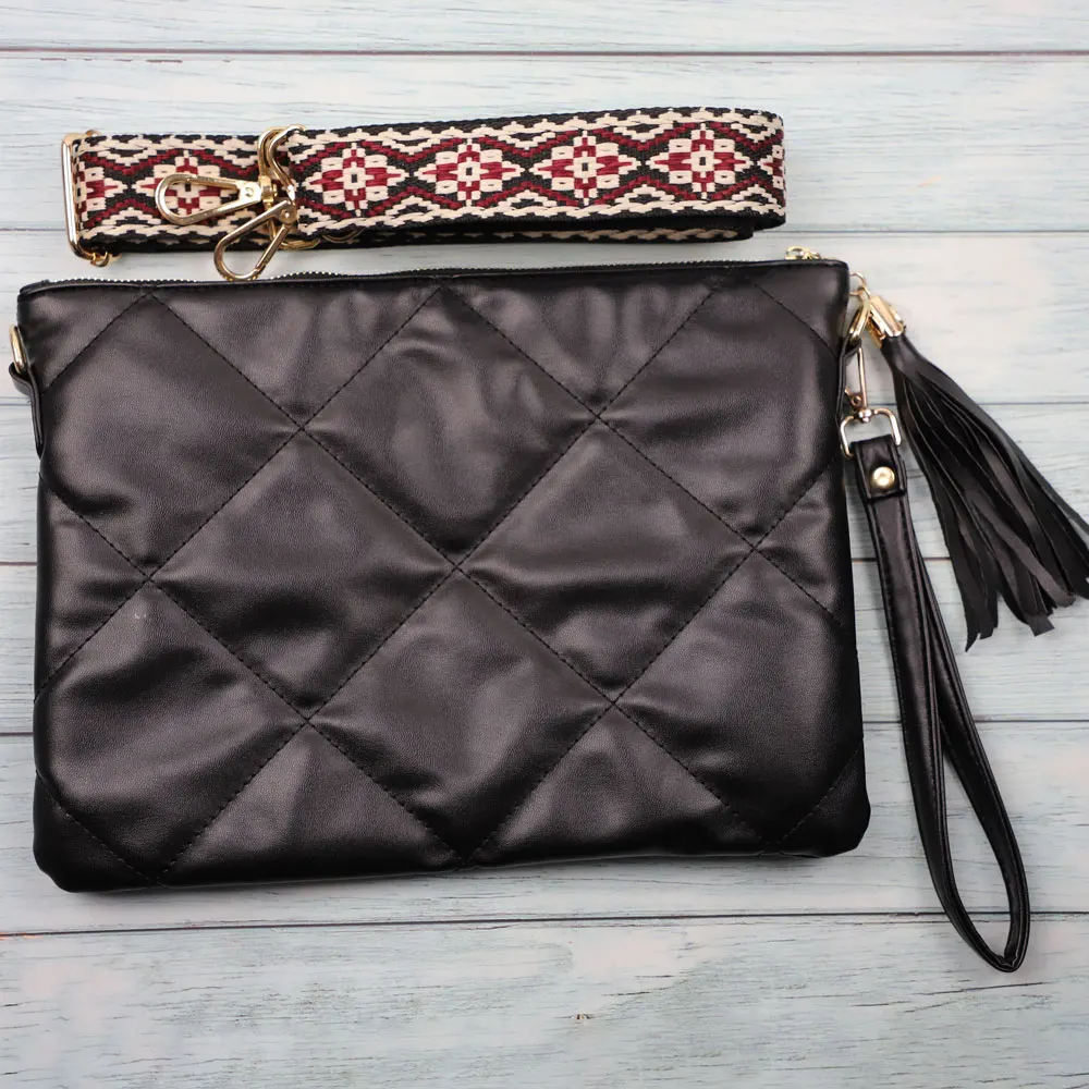 Hot Sale Fashion Rhombus Pattern Women Tassel Clutch Purse Vegan Leather Shoulder Crossbody Bag With Adjustable Guitar Strap