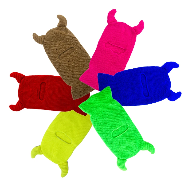 Winter Crochet Acrylic Knitted Funny Custom Balaclava Ski Mask Skimask Hat With Horns Ears For Men Women