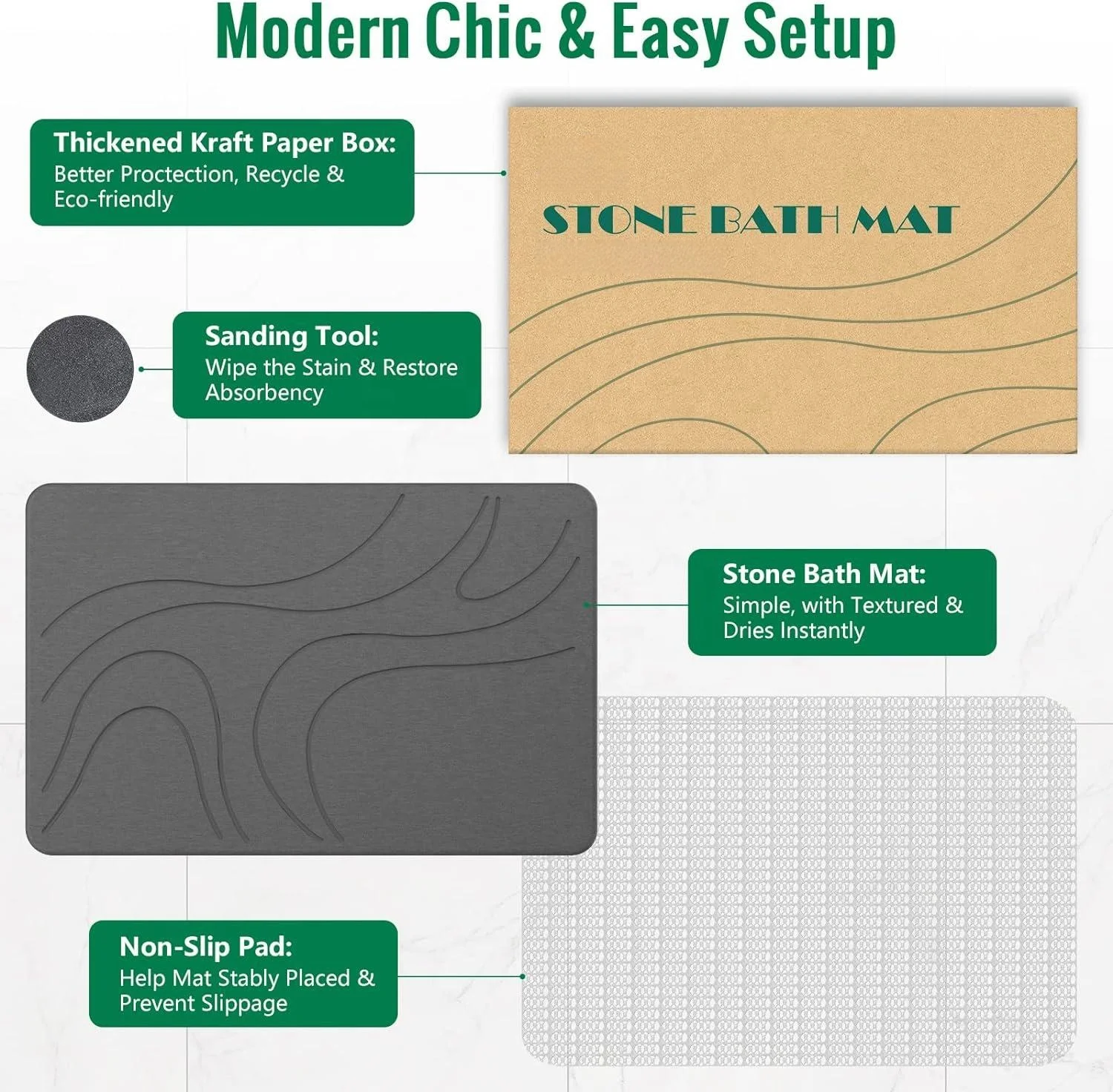 Custom Shower Mat, Diatomite Stone Bath Mat , Non-Slip Super Absorbent Quick Drying Bathroom Floor Mat, Natural, Easy to Clean