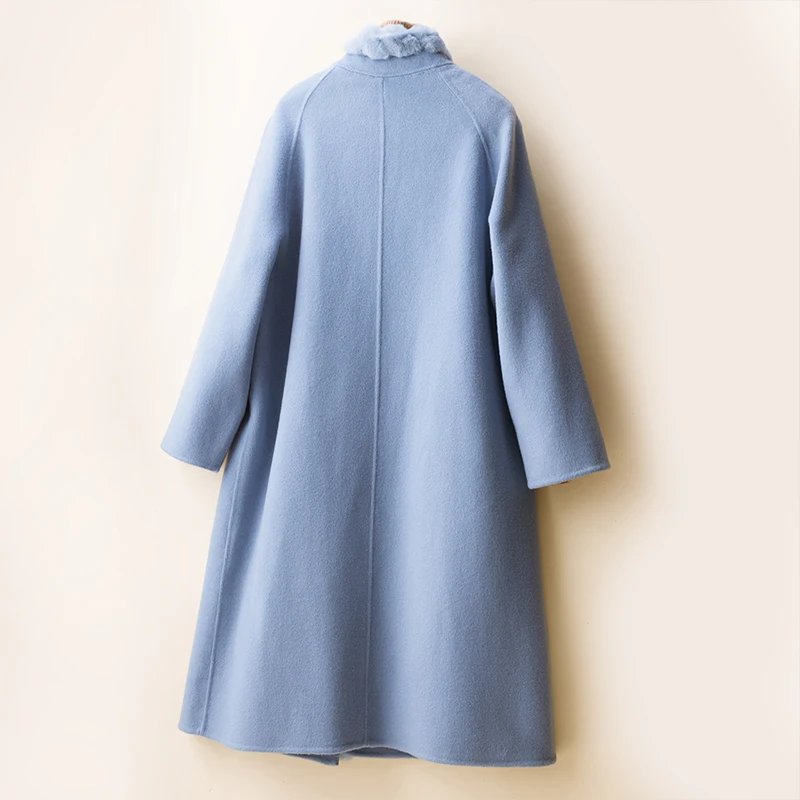 
2020 New Trendy Fashion Women Double Face Fur Neck Overcoat Long Thick Wool Ladies Coat 