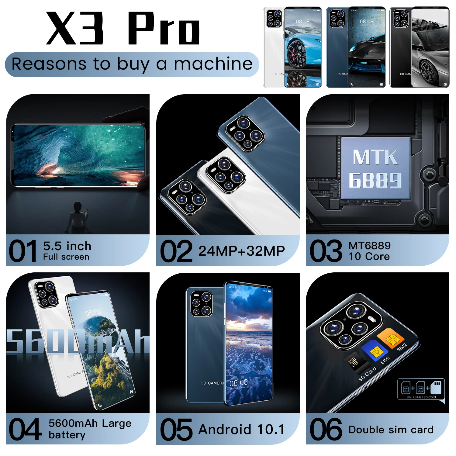 Смартфоны x3 pro 5600 мАч две SIM-карты 16 + 512