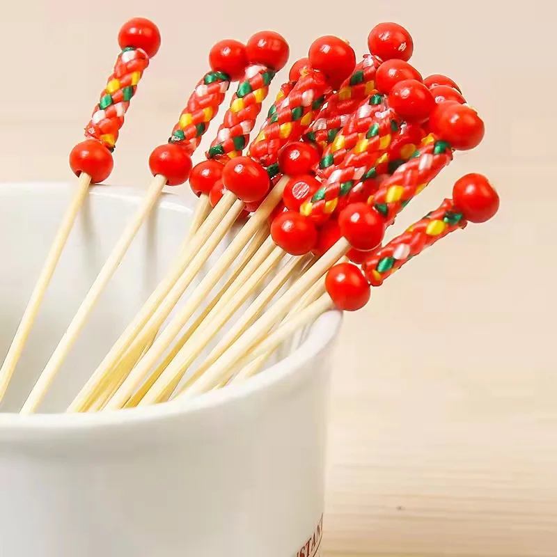 Factory Direct Sale Natural Beads  Bamboo Food Picks Fruit Bamboo Skewer Party Cake Dessert Salad Sticks Pick