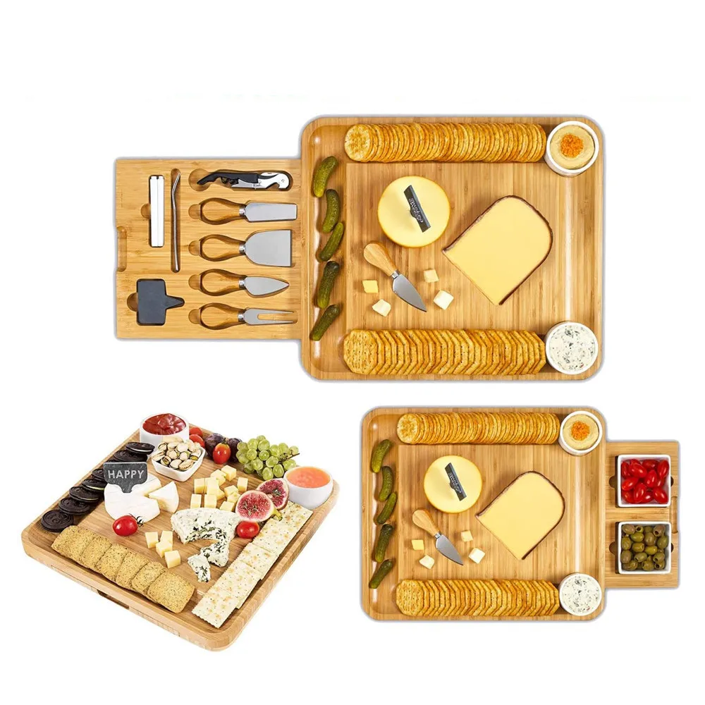 Cheese board set fruit snack restaurant cheese board with cutlery 4-piece set with chalk bamboo cheese cutting board