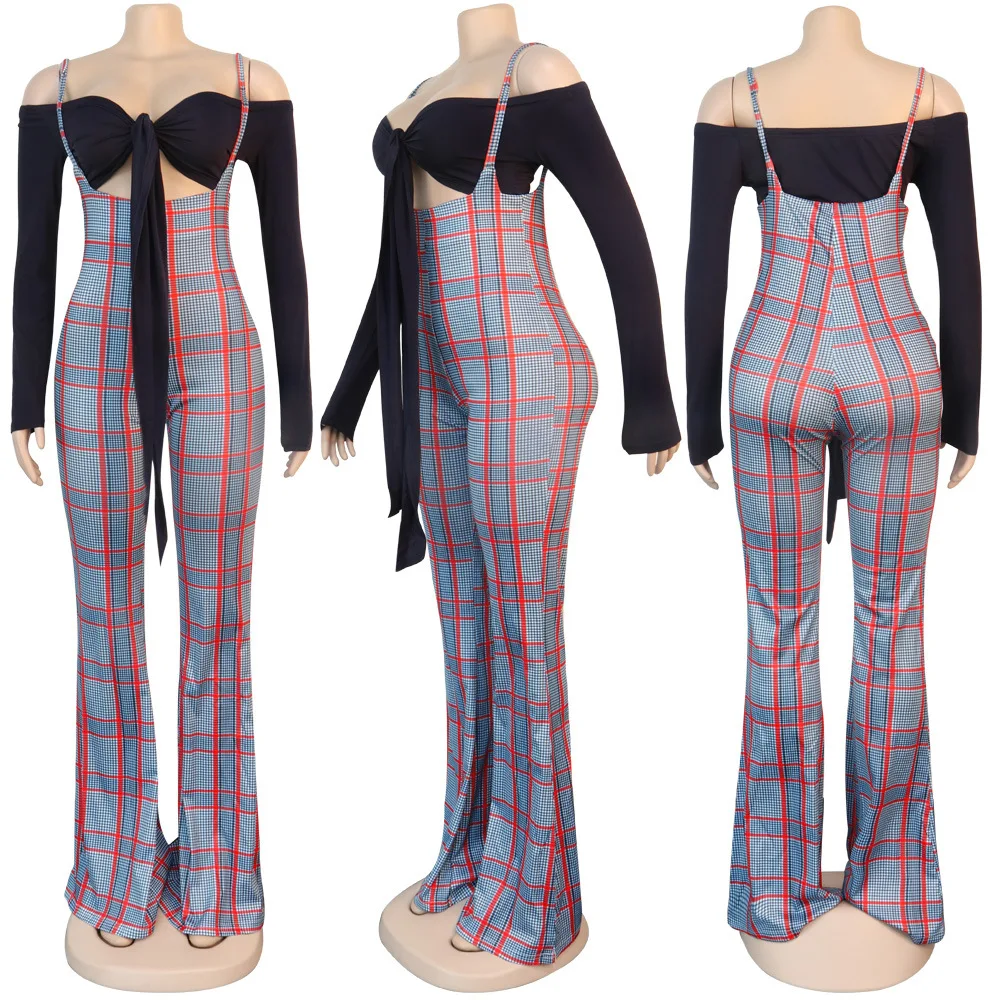 Women Strapless Plaid Overalls 2 Piece Set Women Outfits Wholesale Jumpsuits Women Plus Size Two Piece Set