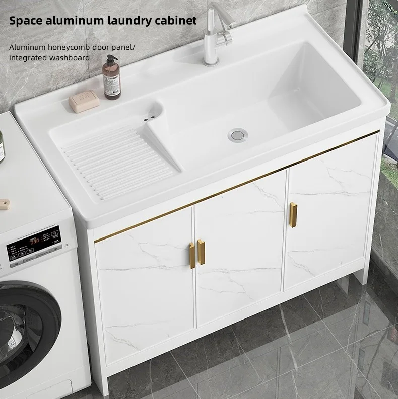 Ceramic Washbasin Cabinet Integrated Laundry Pool with Washboard Space Aluminum Laundry Cabinet Combination Outdoor Waterproof