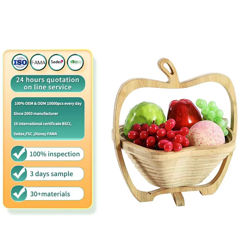 Collapsible Bamboo Fruit Basket Dried Tray Wooden Snack Box Holiday Food Tray Bowl Holder for Kitchen Table