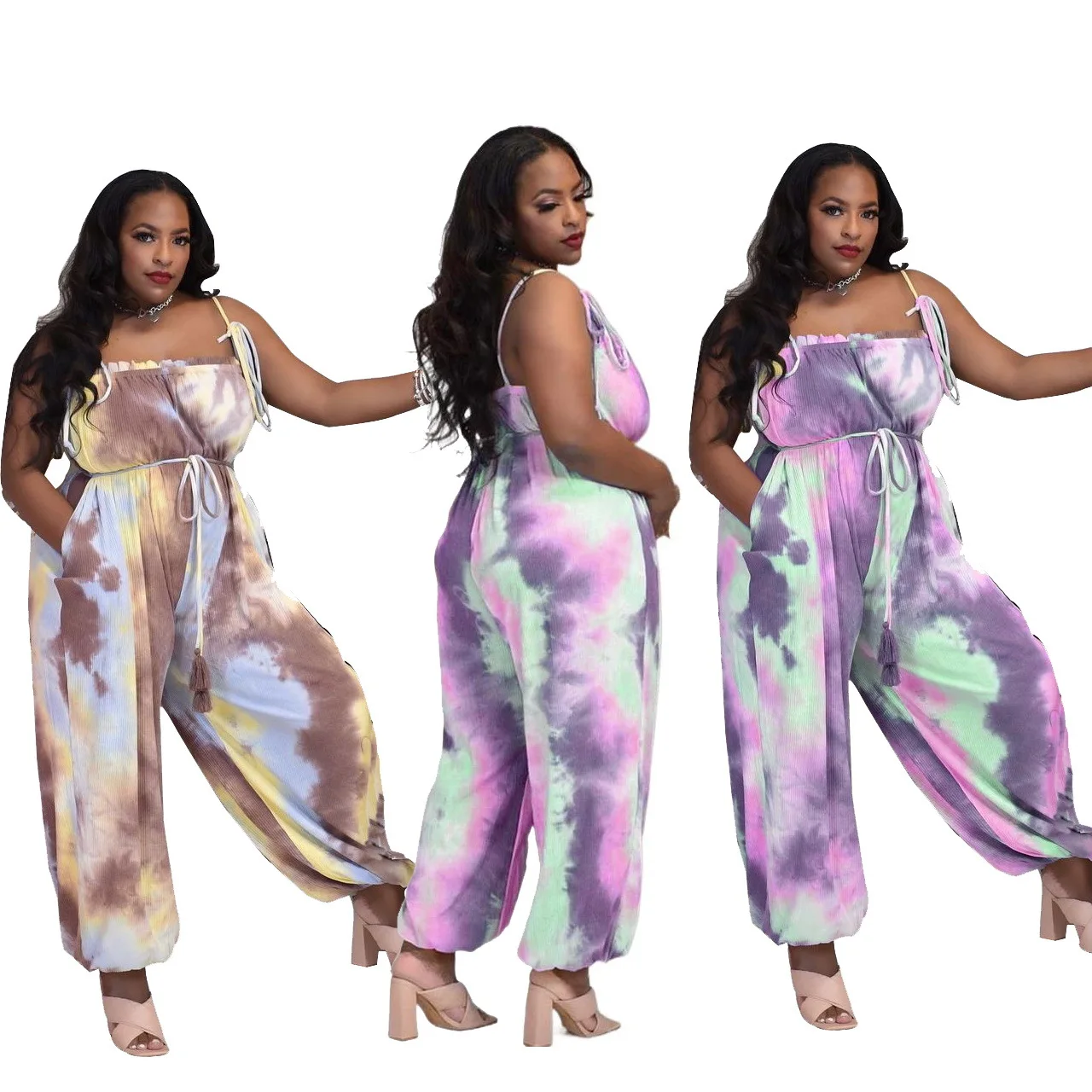 
BN0415 2021 New summer women loose casual tank printed tie dye rib sexy sleeveless suspenders one piece jumpsuit 