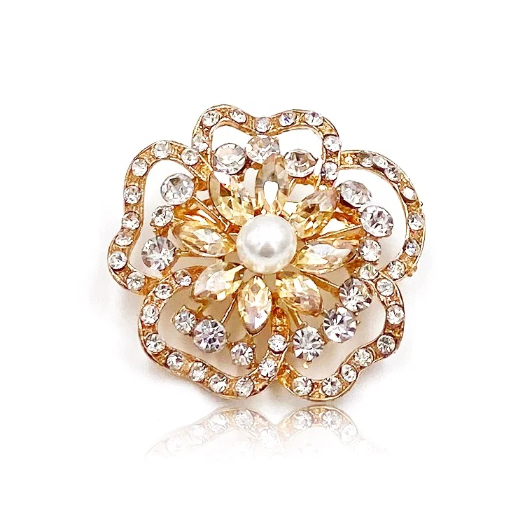 Fashion brooch design rose gold plated rhinestone flower hijab brooch for lady
