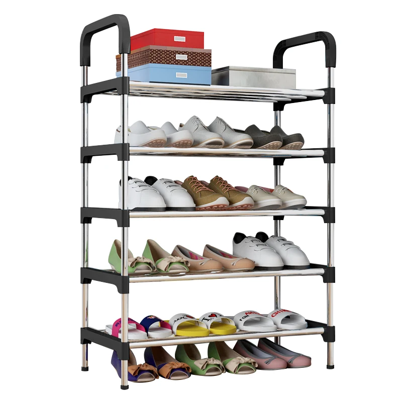 stainless steel 5 layer stackable storage portable storage organizer metallic stack stand shoe rack