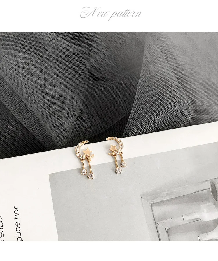  Горный хрусталь золото ювелирные изделия с рисунком «Луна» «Звезды Подвесные серьги-гвоздики высокого качества 925 серебряные серьги 18K позолоченные посеребренные