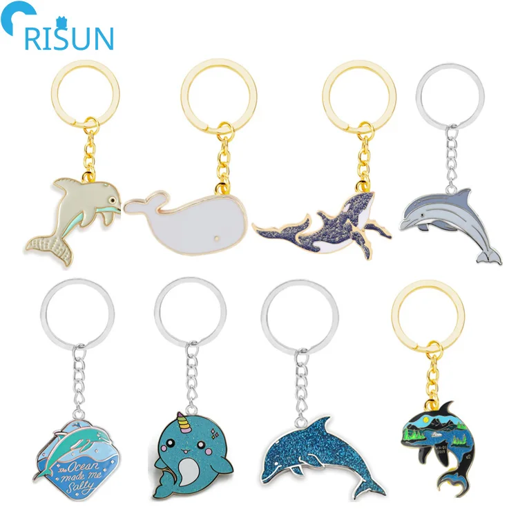 Manufacturer Customized Glitter Soft Enamel Hard Enamel Whale Shark Dolphin Keychains Keyrings Pendant Custom Dolphin Keychain