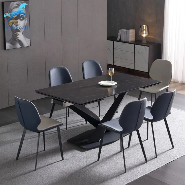 Customizable Italian Style 1 Table 6 Chair Dining Room Furniture Dark Color Minimalist Rectangular Marble Dining Table