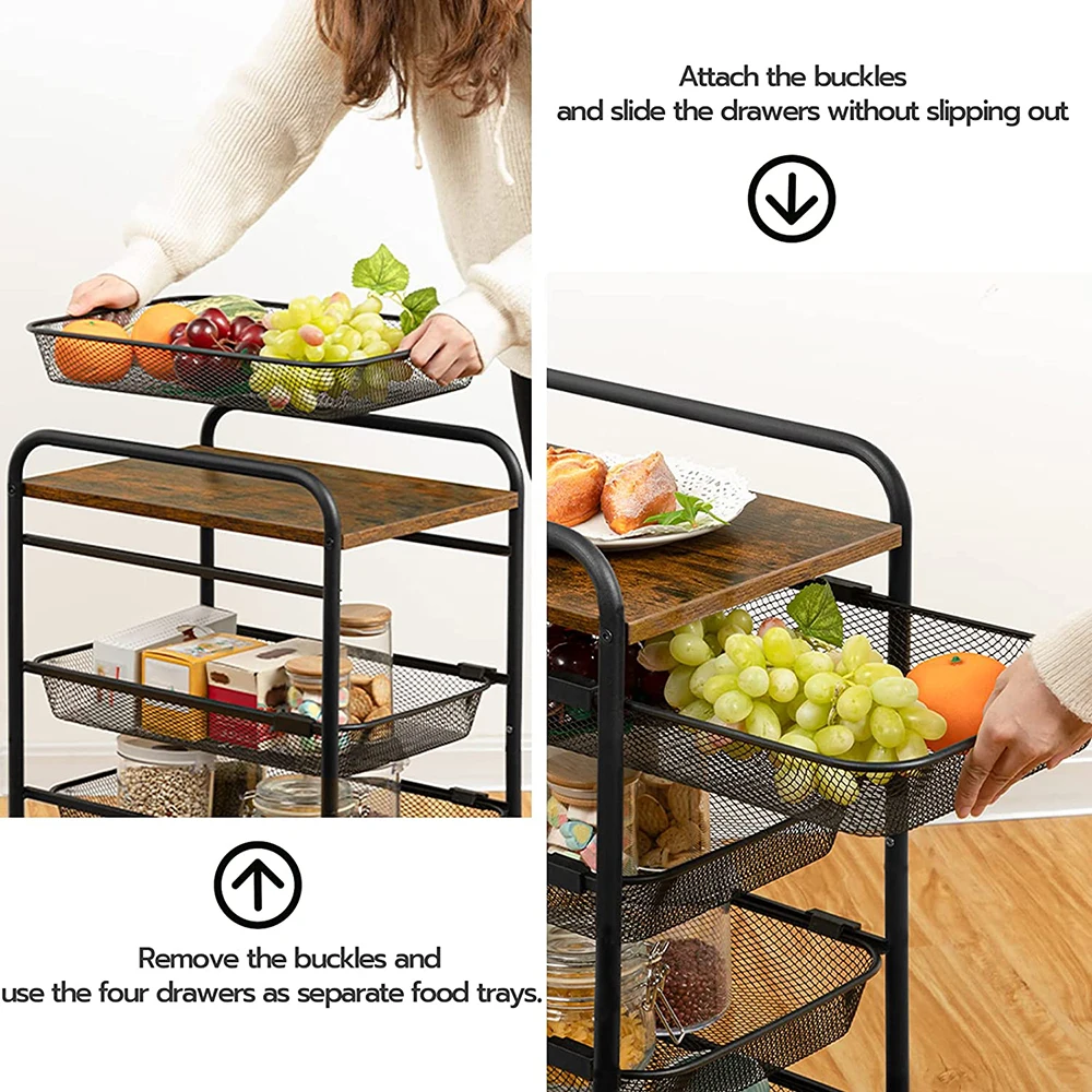 4-Tier Rolling Cart, Kitchen Cart on Wheels, Storage Cart with Lockable Wheels and Durable Steel Mesh Construction