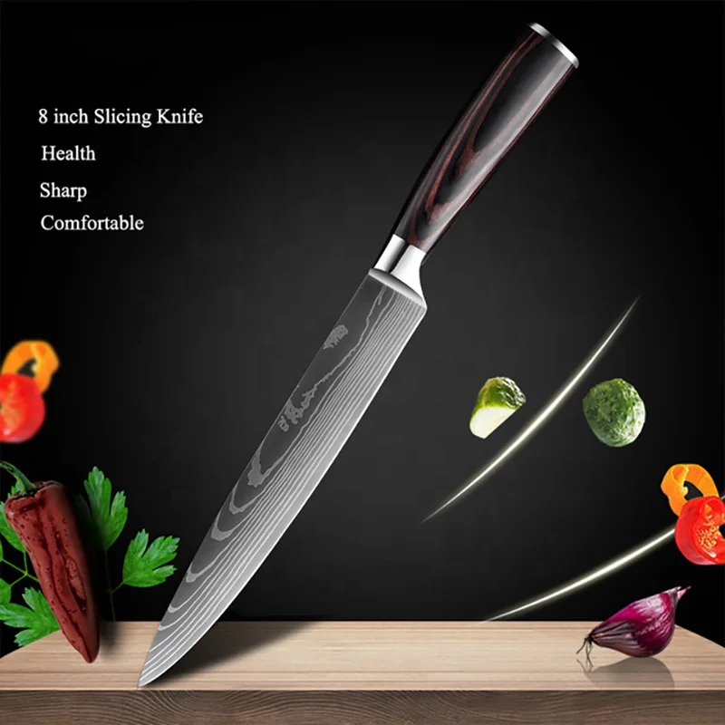 Kitchen accessories 5cr15 stainless steel damascus pattern kitchen chef knife kitchen knives set with colored wood handle