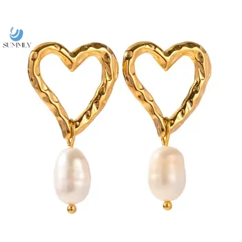 SUMMLY 18K Gold Plated Freshwater Pearl Heart Stud Earrings Trendy Stainless Steel Religious Jewelry for Women for Parties