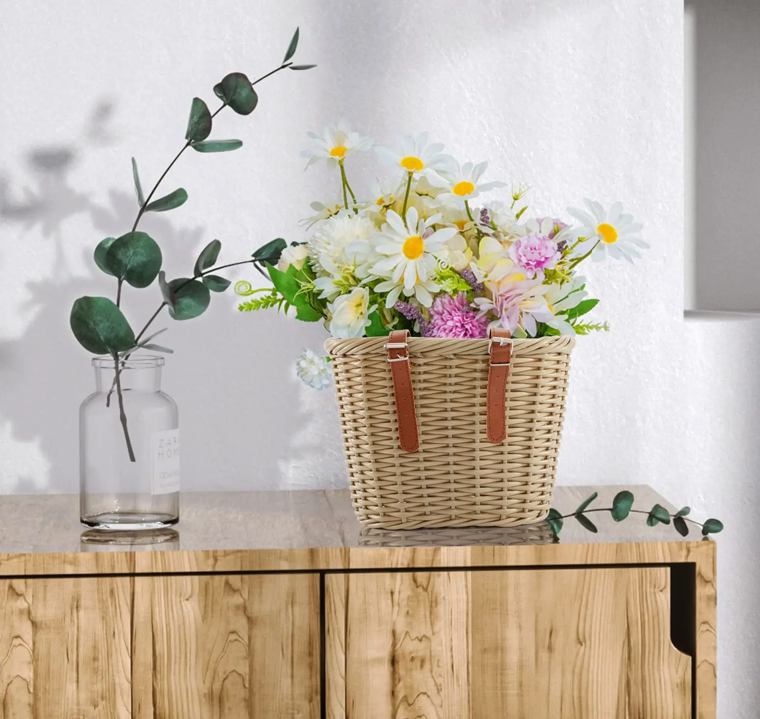 Adult Bikes Front Kids Handlebar Waterproof Storage Bicycle Woven Bike Basket front with Adjustable Leather