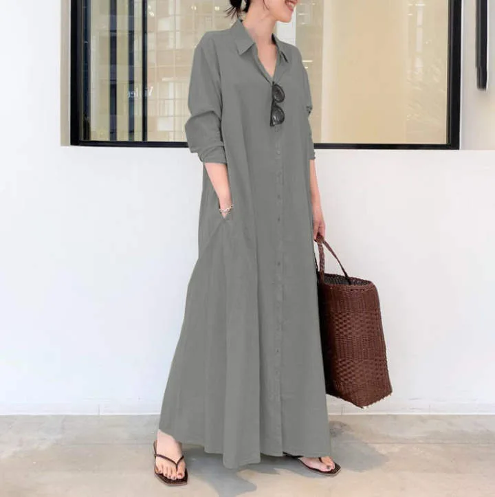 Hot Selling Women Clothing Long Linen Cotton Shirt Dress Casual Dresses