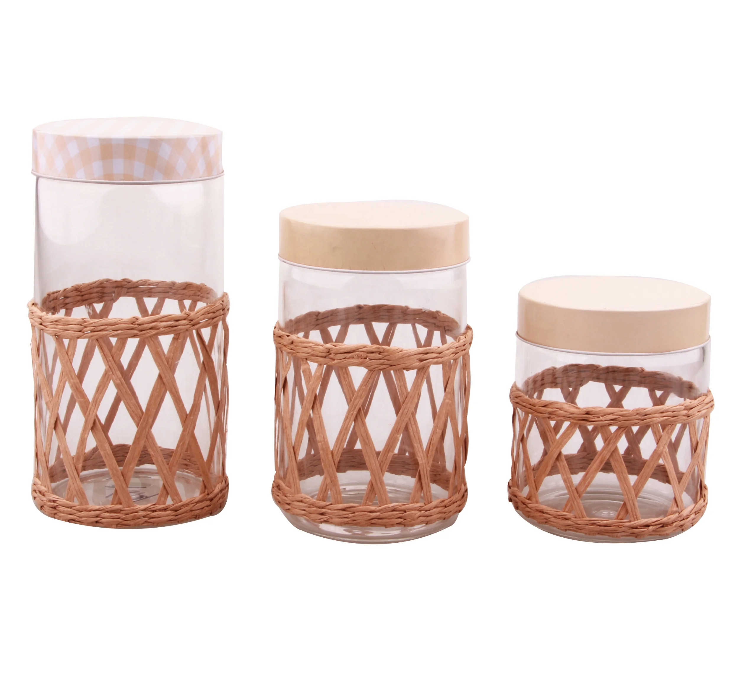 popular high borosilicate glass storage jars useful kitchen glassware food container with weave and metal lid for tea glass jars