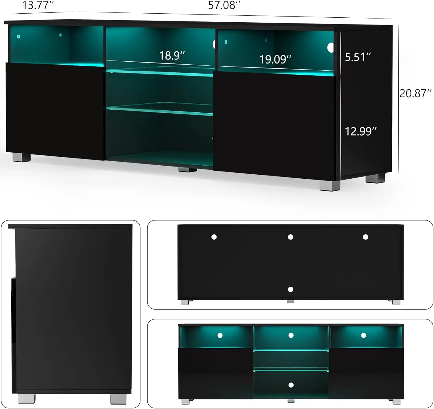 LED Stand for 65 inch TVs, Modern Stand with LED Lights  High Glossy Cabinets Console Entertainment Center with Storage Shelves