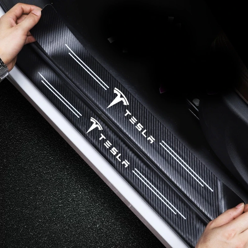 For Tesla Model 3 X S Model Y 4 pcs Leather Protective Stickers Carbon Fiber Car Door Sill Pedal Stickers