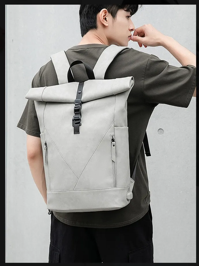 High Quality In Stock Custom Waterproof PU Leather Roll Top Backpack Business Travel Computer Backpack For Men