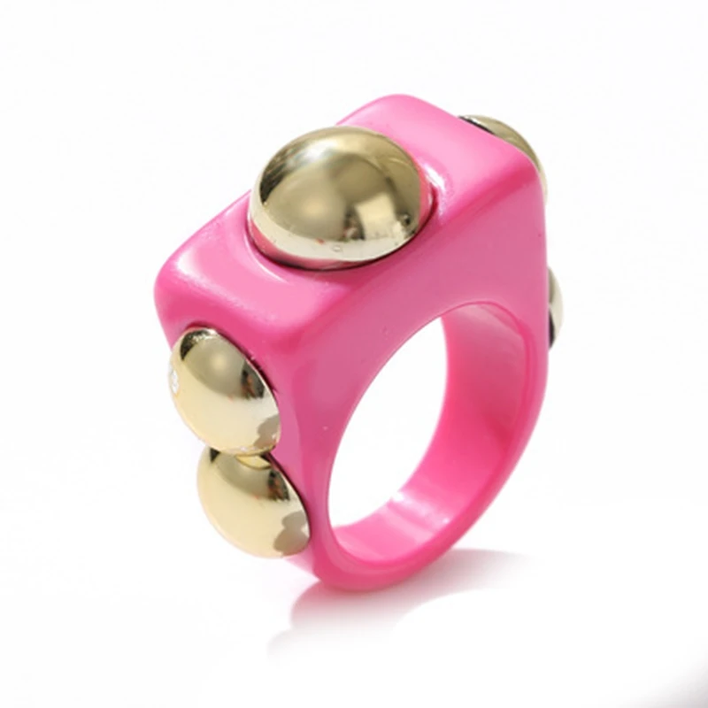  Punk Gold Bead Transparent Resin Acrylic Square Rings for Women Trendy Big Geometric Round Chunky Finger Jewelry