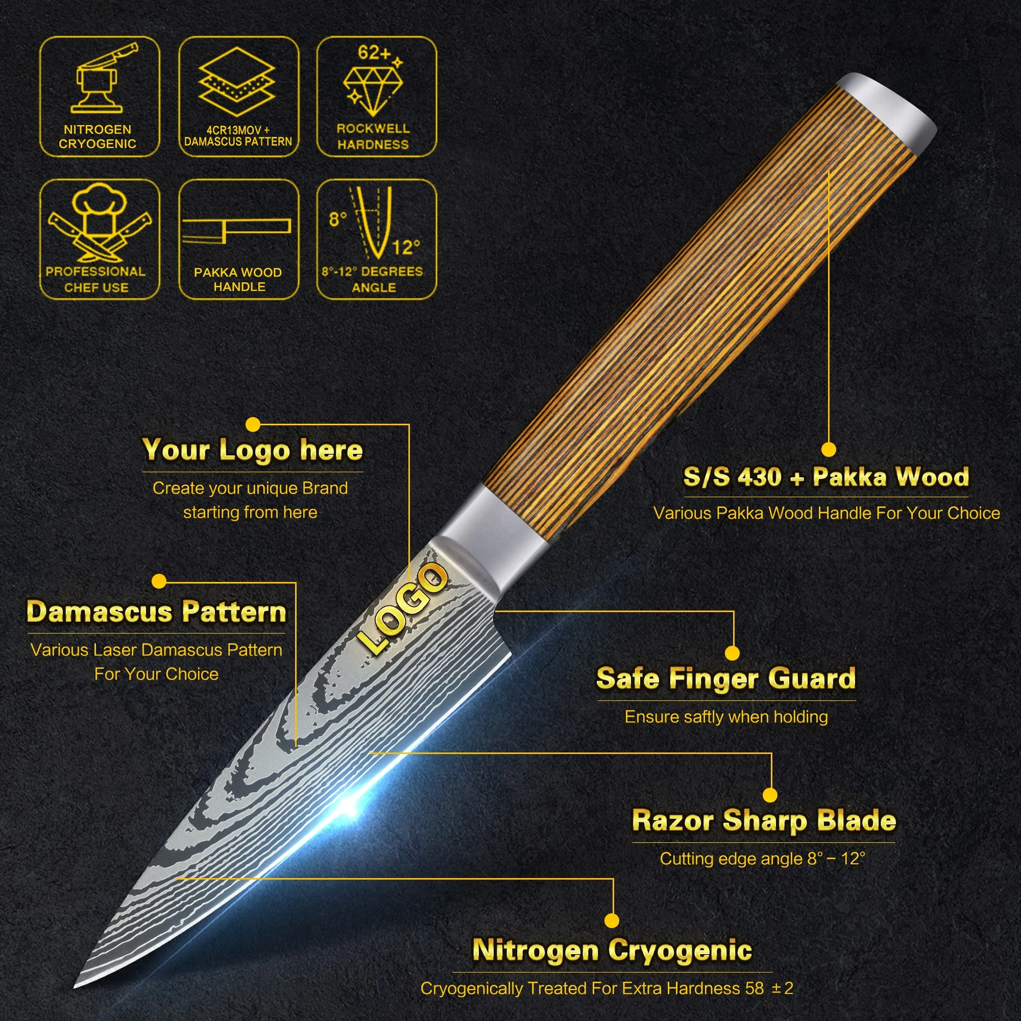 Yellow Pakka Wood Handle 3 Inch Japanese High Carbon Damascus Steel Kiwi Peeling Knife Fruit Paring Knives With Gift Box