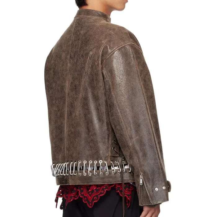 High street fashion brown belted leather jacket for men mock neck vintage faux leather detachable pin-buckle belt cargo jacket