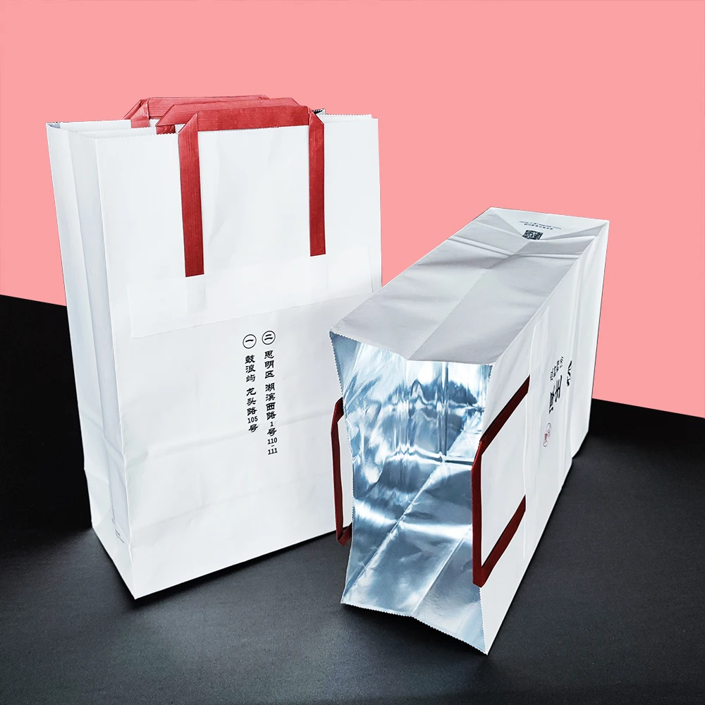 Custom logo Brown paper hot coffee cold bubble tea drink insulated aluminum foil lunch box Kraft bag with handle