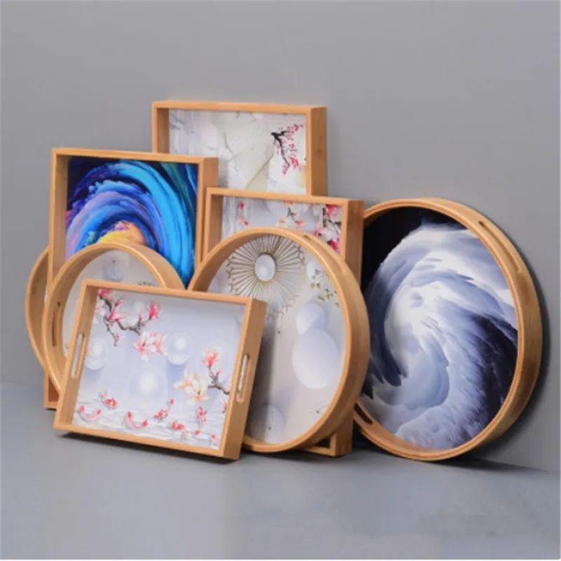 Wholesale Nordic Bamboo Tray Rectangular Tea Tray with Hand Painted Color Plates wooden serving tray