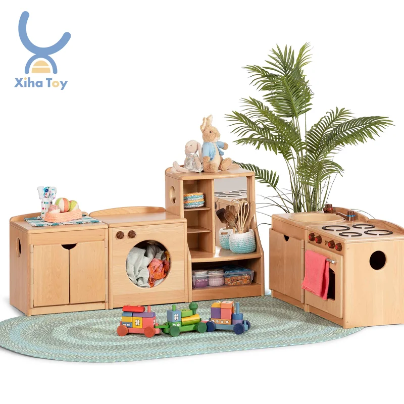 XIHA Montessori Wooden Preschool Children Kitchen Pretend Play Cooking Sets For Kids Role Play Toys Coloured Edge Kitchen Range