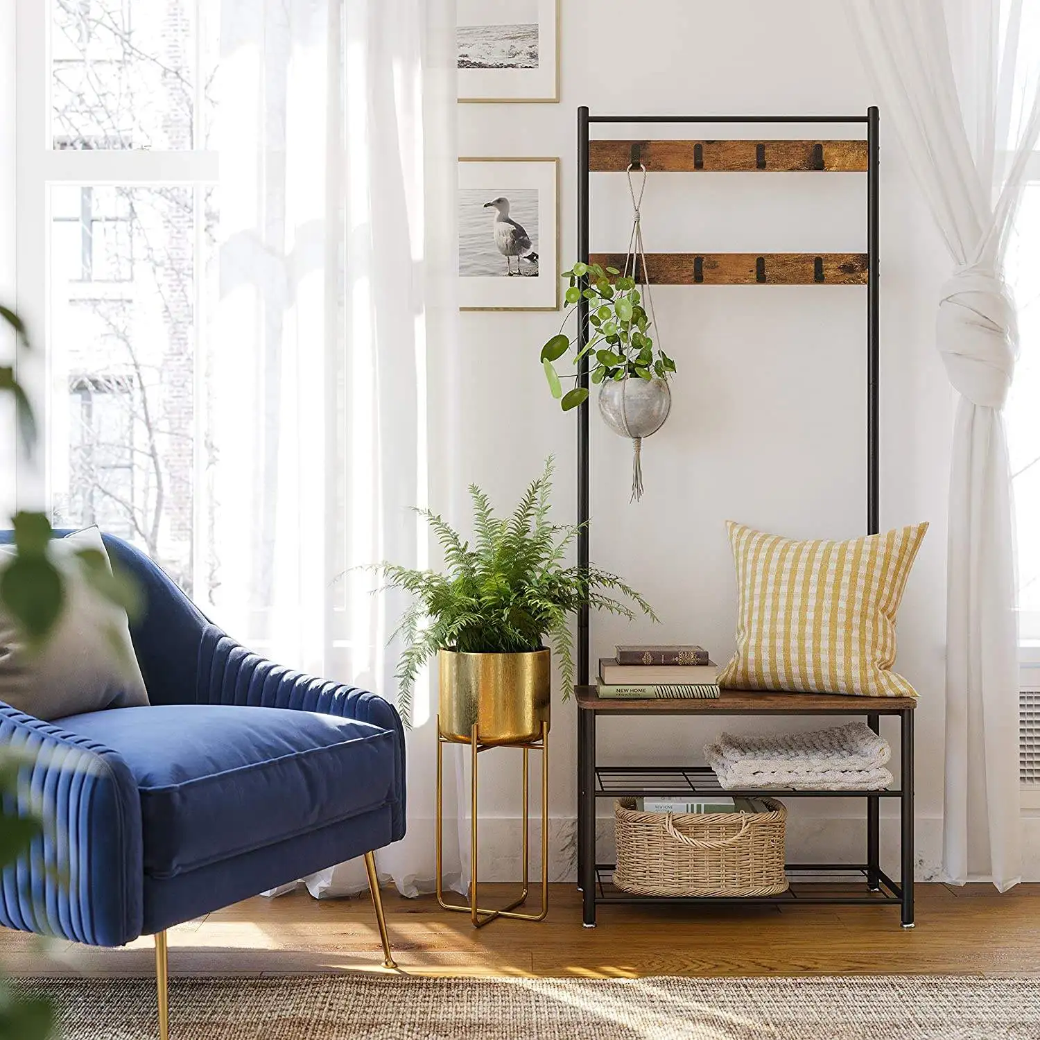 Household Modern Free Standing Entryway Coat Rack Clothes Hanger Hall Tree Shoe Bench Hallway Coat Rack Hanger