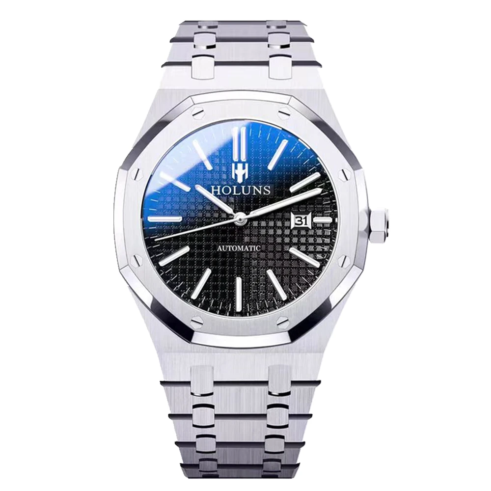 HOLUNS Full Stainless Steel Watch For Men Automatic Mechanical Hollow Classic Style 5 ATM Waterproof Sapphire Fashion Watches