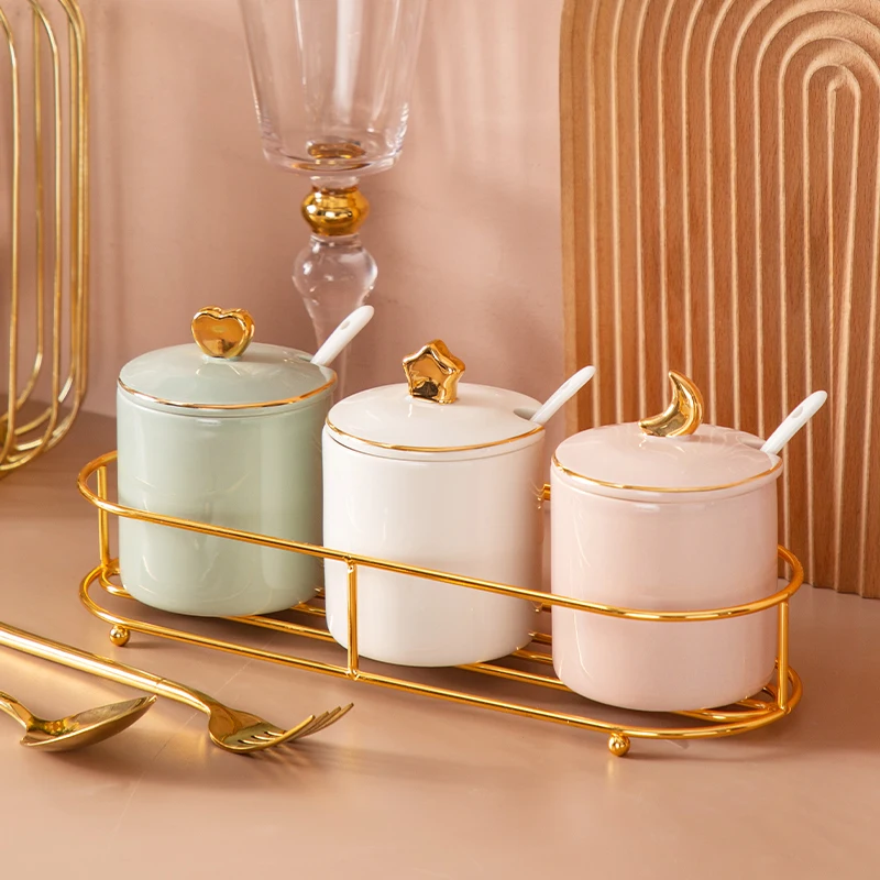 AL Household 3pcs Set Seasoning Storage Box Ceramic Salt Sugar Pepper Oil Pot Spice Jar With Spoon Combination Set