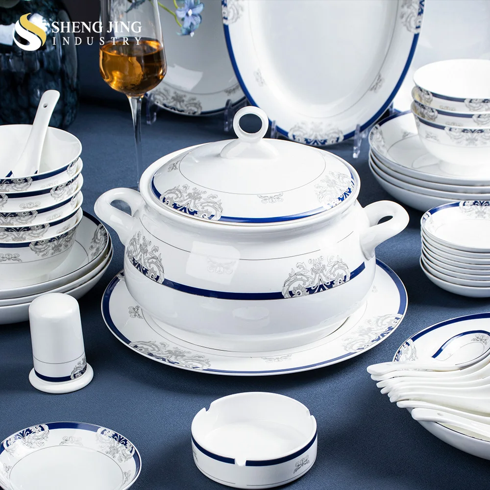 Royal Luxury White Ceramic Bone China Blue Edge Dinner Plate Bowl Gift Set Dinnerware For Restaurant Hotel Household
