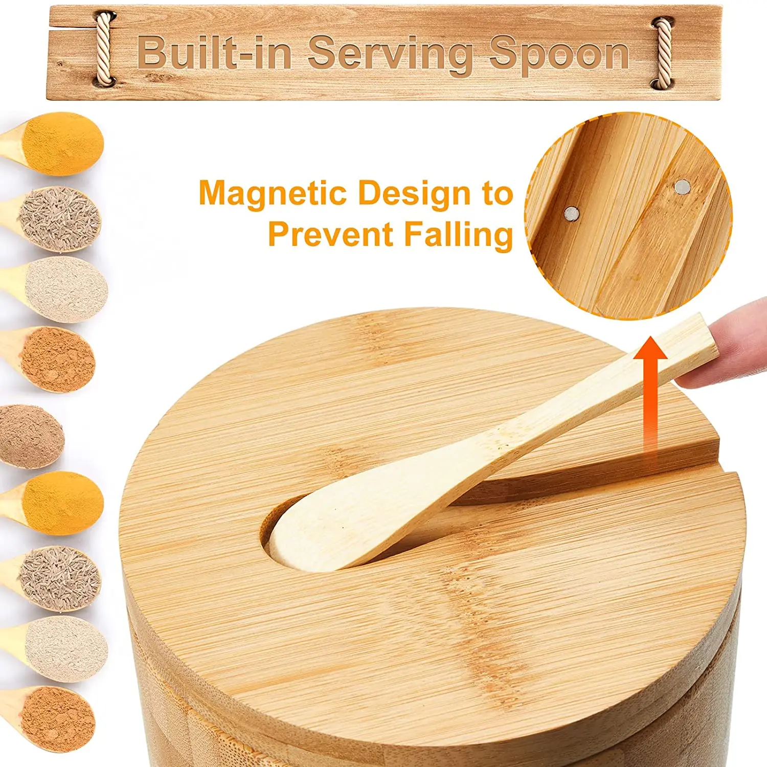 Bamboo Salt Box with Spoon Spice and Seasonings Storage Container with Swivel Magnetic Lid Round Condiment Salt Jar