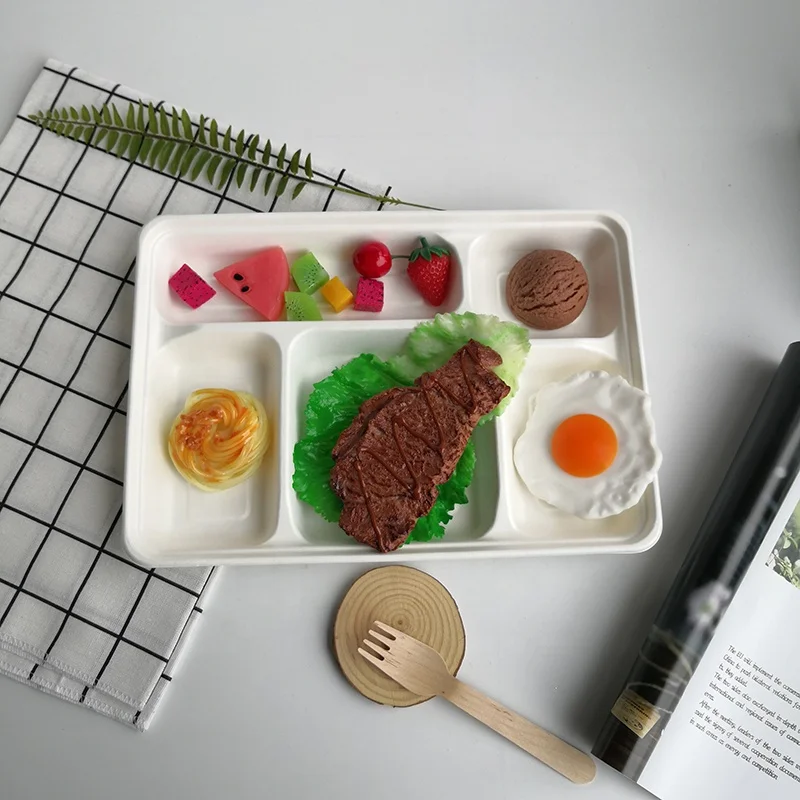 Disposable Food Tray Biodegradable Lunch Tray Meal Tray Sugarcane Lid with Bagasse 5 Compartments Plate