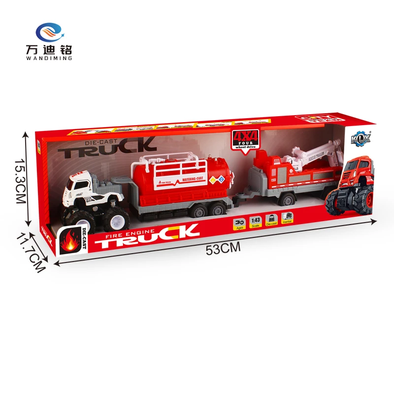 WDM New 1:43 4WD inertial Alloy Toy Friction Die-Cast Friction Fire Trailer Truck Diecast Toys with pull-back car