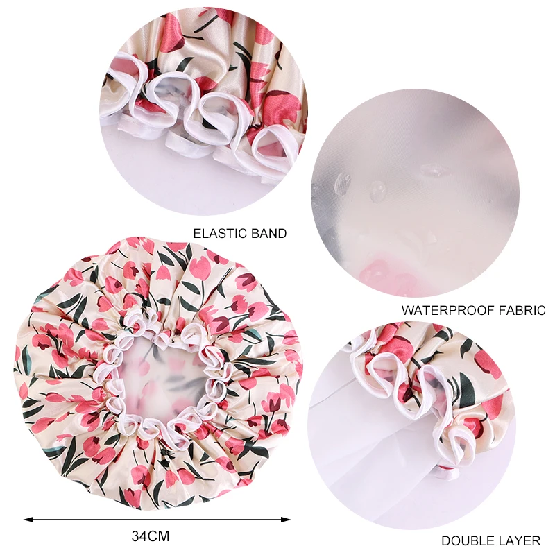 Large Size Satin Women Bonnets High-grade Shower Cap Double Layer Waterproof Bath Hats